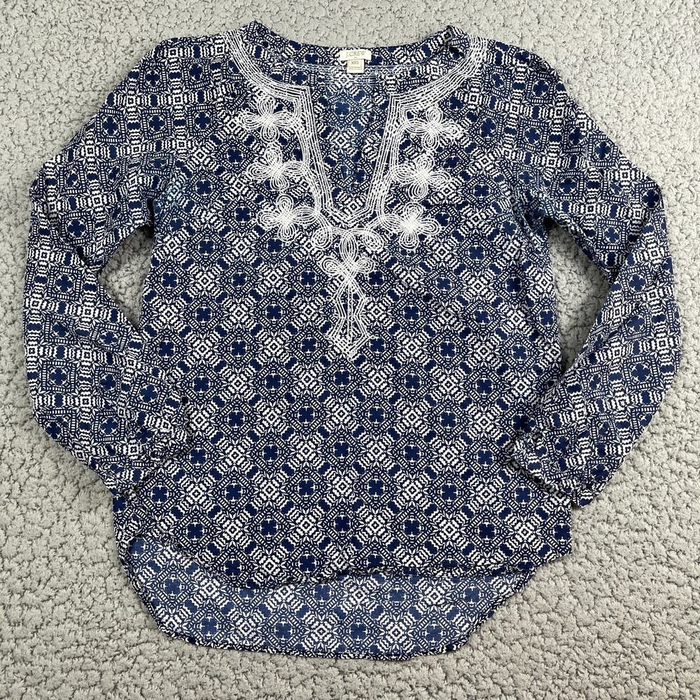 J.Crew Embroidered Blouse Top Womens XXS Blue V-Neck Long Sleeve Peasant